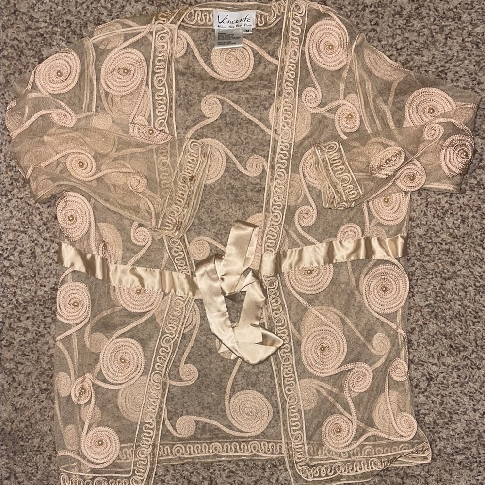 Vincente medium Sheer Embroidered Cardigan with Ribbon Tie